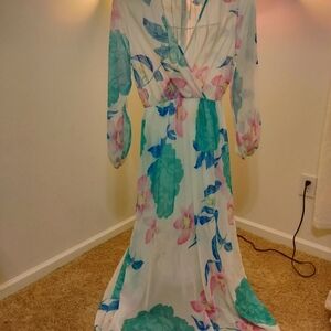 1960's Hollywood Regency Cocktail Low V Neck Sheer Maxi Dress
